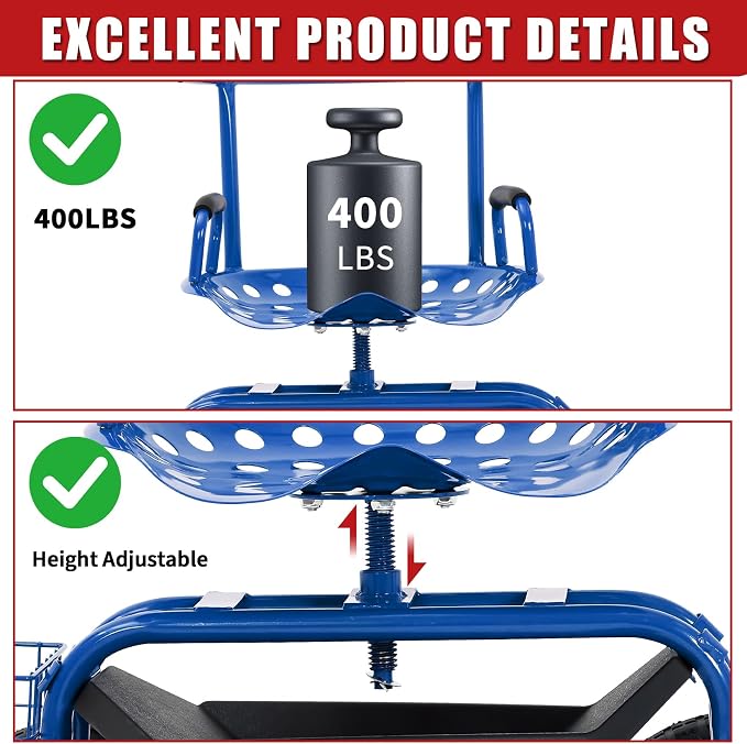 Garden Cart Rolling Workseat with Wheels, 360° Swivel Gardening Stool, Extendable Steering Handle & Utility Tool Tray, 10-Inch Inflatable Tires, Reinforced Steel Construction for Patio, Yard, Outdoor