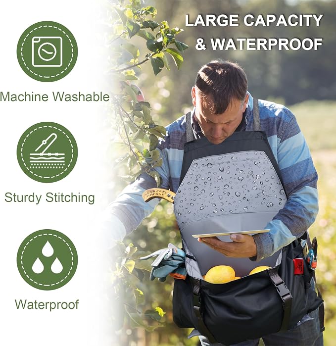 Gardening Apron Waterproof Cross Back Apron, Extra 600D Heavy Duty Apron Harvest and Large Quick Release Pockets