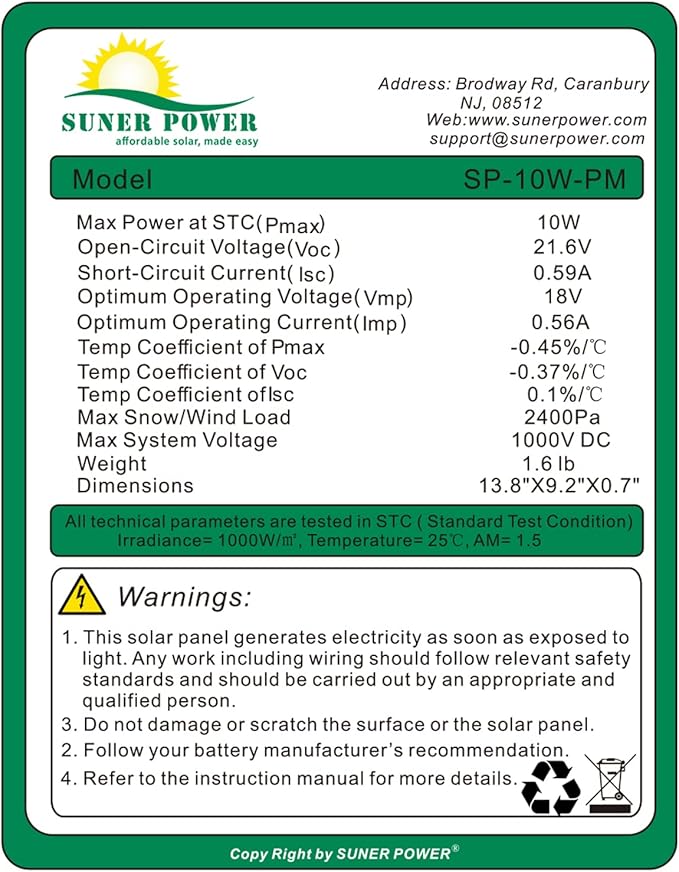 SUNER POWER 10 Watt Solar Panel Powered Charger Kit + Tubular Mount Bracket for Automatic Gate Opener, Electrical Fence, etc