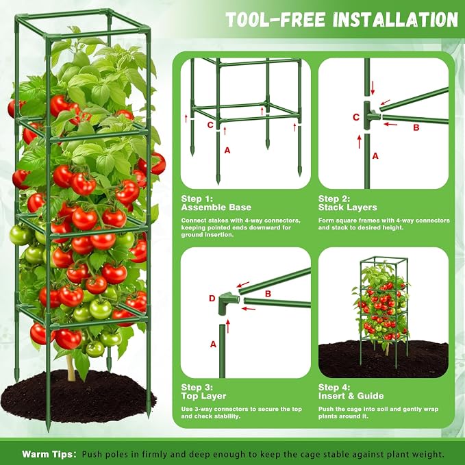 Riare 4 Pack Square Tomato Cages for Garden- 60 Inch Heavy Duty Tomato Stakes Plant Support, Metal Tomato Trellis for Climbing Plants Outdoor, Raised Garden Bed, Vegetables Flowers
