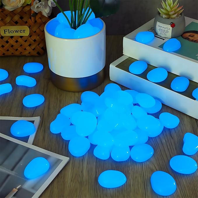 Landical 50 Pcs 1.8 Inch Large Glow in The Dark Rocks Pebbles Outdoor Fish Tank Rocks Aquarium Gravel Luminous Stones for Walkway Succulent Plant Halloween Decor (Dark Blue)