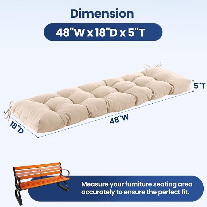 IASEAHK Outdoor Bench Cushion 48x18x5 Inch, Waterproof & Fade-Resistant Patio Furniture Cushions, Tufted Memory Foam Indoor/Outdoor Cushions for Couch Porch Swing with Non-Slip Backing & Straps, Beige