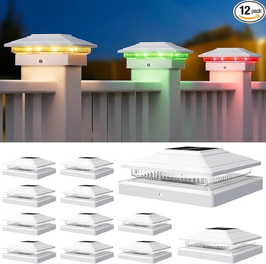 APONUO Solar Post Cap Lights Color Changing - RGB 8 Solid & Gradient Colors, IP65 Waterproof, for 4x4 5x5 6x6 Wood Vinyl Fences, Deck, Patio, Yard, White, 12 Pack
