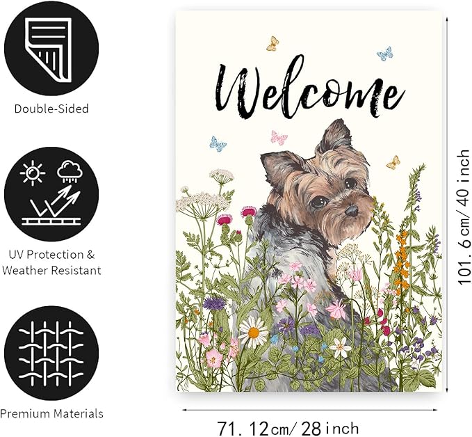 Floral Yorkie Garden Flag Spring Summer House Flags 28 x 40 Double Sided Flower Dog Yard Flags for Outside Large Outdoor Welcome Flags