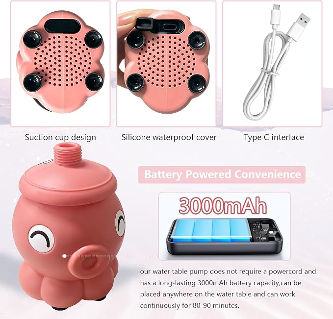 Rechargeable Water Table Pump with Huge Water Output,Water Flow Rate up to 8L/min (2.11 GPM),Kids Sand Water Play Pump,Octopus-Shaped Design,Suitable for Most Water Table on the Market
