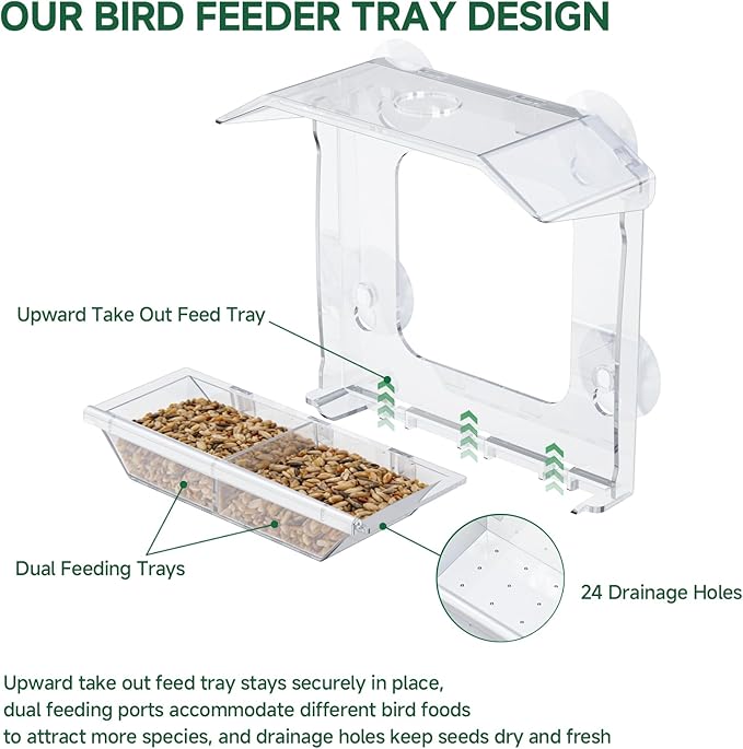 Window Bird Feeder with 4 Extra Strong Suction Cups, Clear Bird Feeder for Outdoor with Dual Seed Tray, Easy to Install & Clean, Durable Wild Birdfeeder Perfect for Garden Home Bird Viewing