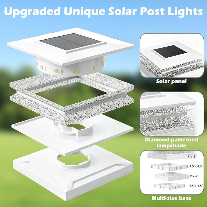 Solar Post Cap Lights, 6 Pack Deck Fence Cap Light for 4x4 5x5 Wood/Vinyl Posts, 3 Color Modes, LED Deck Post Lights Solar Powered Waterproof, for Patio Porch Garden Decoration, White