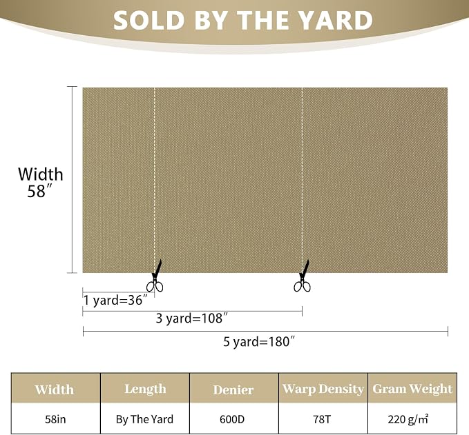Waterproof Canvas Fabric by The Yard 58inch 600D Upholstery Material Polyester Fabric Outdoor Water Resistant Fabric for Sewing Chair Patio Cushion Purse Bag Interior, Pre Cut 5 Yard Khaki