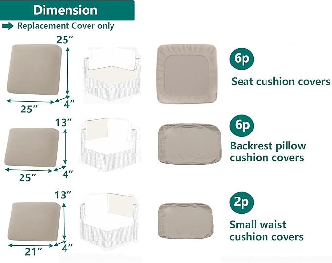 Outdoor Cushion Covers Replacement 14 Pcs Patio Cushion Covers fit for 7Pieces 6-Seater Wicker Rattan Sectional Couch Sofa Outdoor Cushion Slipcovers Set Seat and Back Cover Only, Tan
