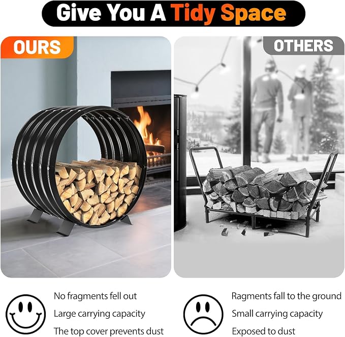 Round Metal Sheet Firewood Rack Indoor by Fireplace/Outdoor Beside Fire Pit-with Metal Legs,Rustproof,Durable & Stylish Firewood Holder (Circle, 24 Inches Diameter)
