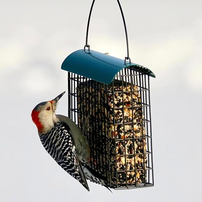 Large Suet Feeder - Metal Woodpecker Suet Cage with Metal Roof - Holds 1 Large Seed Cake