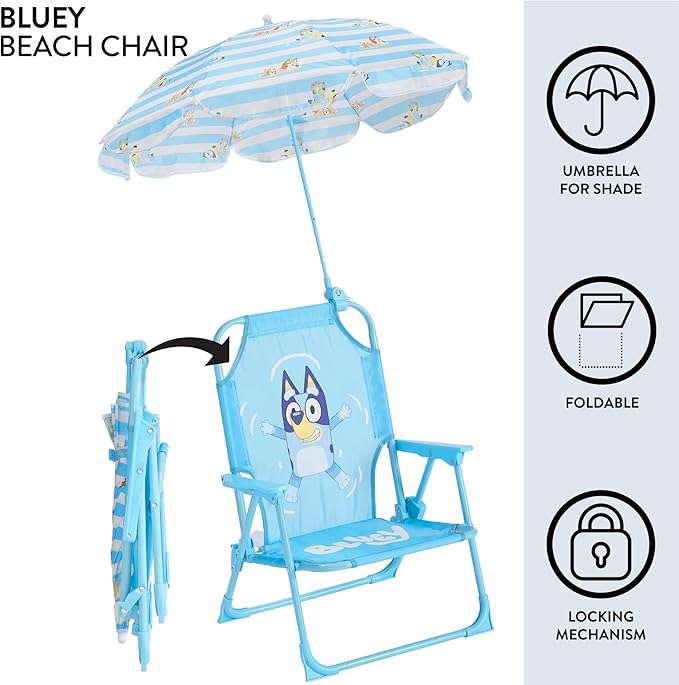Idea Nuova Bluey Kids Outdoor Folding Beach Chair with Umbrella,Portable Camp Chair for Ages 3+, Lightweight & Compact for Beach, Camping, and Backyard