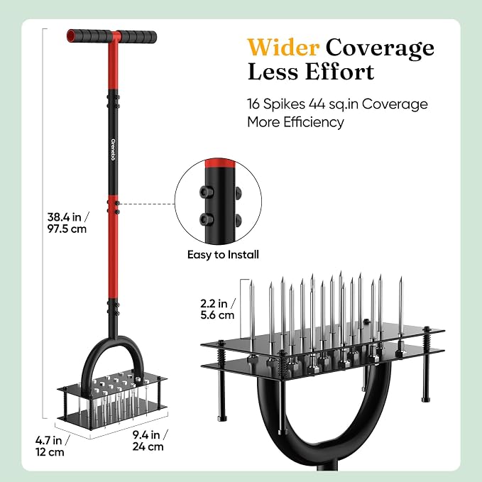Grenebo Lawn Aerator Manual Aerator Lawn Tool with 16 Spikes, Metal Grass Aerator for Yard, Lawn Aeration, Automatic Soil Ejection, Pre-Assembled Lawn Aerator Tool (Black Red)