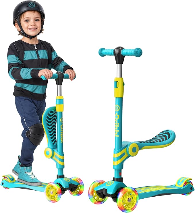 Aqua and Yellow 3 Wheel Scooter with Seat for Kids, Light-Up Wheels, Adjustable Lean to Steer Handlebar and Seat, Smooth Wheels, Wide No-Slip Deck, Rear Foot Brake, Toddler Outdoor Toys for Ages 2+