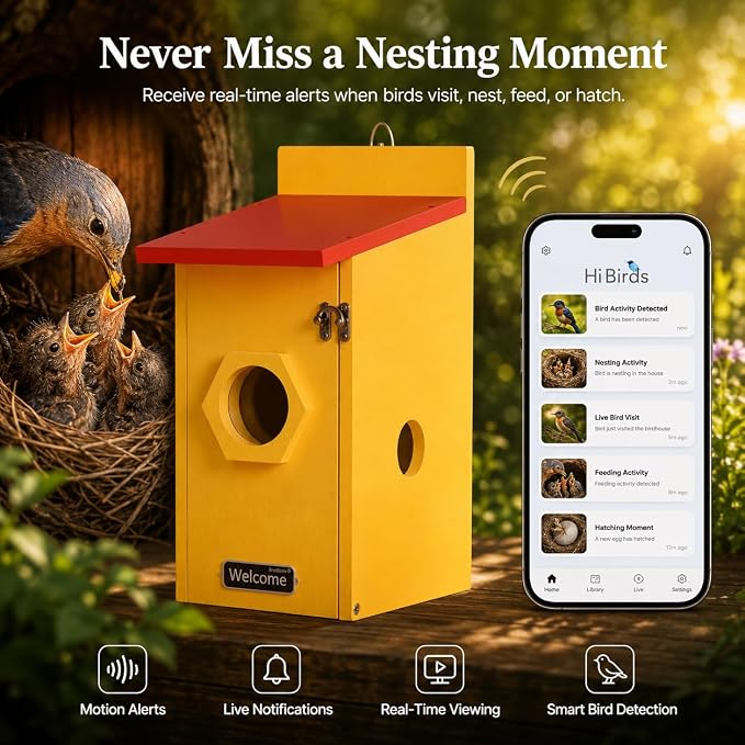 Smart Bird House with Camera, Solar Powered Birdhouse for Outdoor Bird Watching, AI Bird Recognition, 4MP Live View, Full-Color Night Vision, App Control, IP66 Waterproof