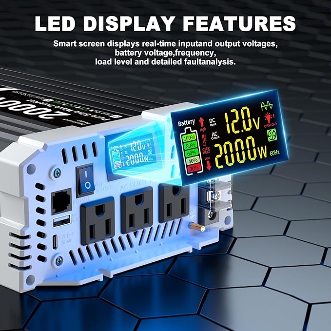 2000 watt Pure sine Wave Inverter, 12V DC to 110V AC Power Inverter, with 3 AC Output sockets, USB Port, Type-C Port, Remote Control with LCD Screen, Used for Solar Emergency Power Supply in RV Homes