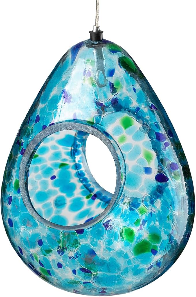 Glitzhome Glass Bird Feeder for Outdoors, 6.75" H Blue Dots Teardrop Hanging Birdfeeder for Garden Tree Yard Outside Decoration