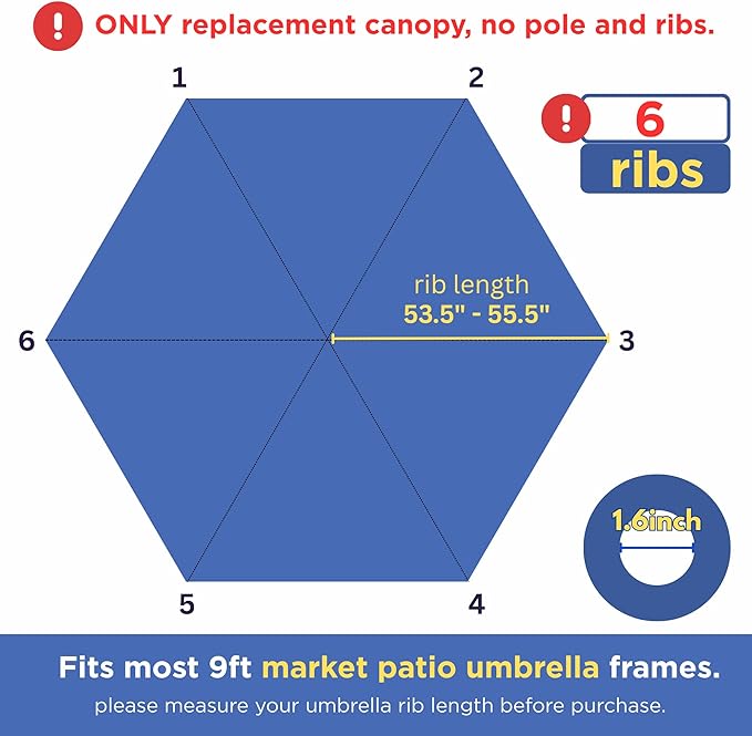 Sfmora 9ft Patio Umbrella Replacement Canopy for 6 Ribs, Outdoor Umbrella Canopy ONLY, Market Umbrella Top, Water-Resistant & UV-Protective