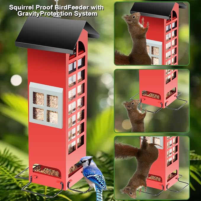 Bird Feeder Squirrel Proof for Outdoors Hanging - Gravity Protection Metal Wild Bird Feeders Tube Bird Seed Feeder with 4 Feeding Ports,2.5LB Large Capacity for Cardinal, Sparrow, Finch, Chickadee