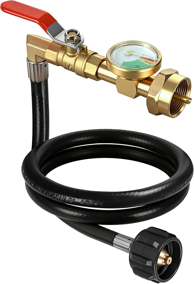 Propane Refill Adapter for 1 lb Tanks, 3FT Hose with Pressure Gauge & ON/Off Valve, QCC1/Type1 20lb to 1lb Propane Tank Refill Adapter, Heavy-Duty Brass Propane Transfer Hose for Camping Grill