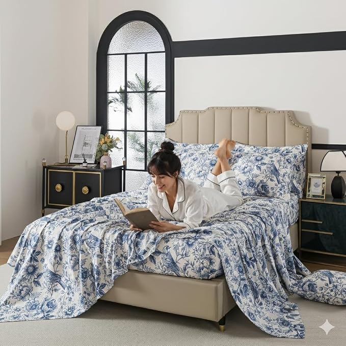 FADFAY Sunflower Bird Sheets Set Queen 100% Egyptian Cotton Blue Toile de Jouy Bedding Vintage Blue and White Floral Farmhouse Bedding Shabby French Country Sheets Deep Pocket Soft Breathable 4Pcs