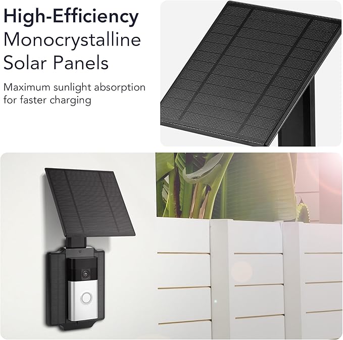 Wasserstein Universal Solar Charger Compatible with Ring Battery Doorbell (2024 Release)/Pro/Plus/4/3/3 Plus/2nd Gen (2020 Release) & Wyze Wireless Video Doorbell Pro - 2.5W Solar Panel Charger