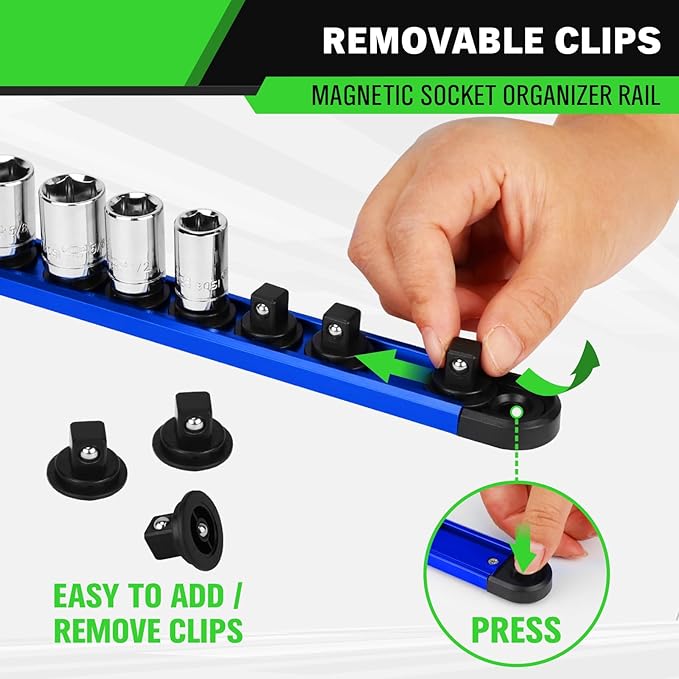 3/8-Inch Magnetic Socket Organizer Rail, Aluminum Alloy Socket Rail, Heavy Duty Sockets Holder with 14 Clips, 360° Swivel Clip Tool Tray, Sockets Organizer for Tool Box Drawer (Blue)