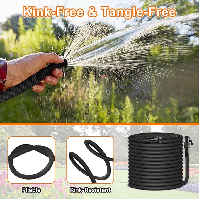 Garden Hose 75ft, Pliable lightweight Water Hose with Triple Layer 3/4" Fittings Ergonomic Grip Indoor & Outdoor Use Gift for Lawn Car Watering Plants Black