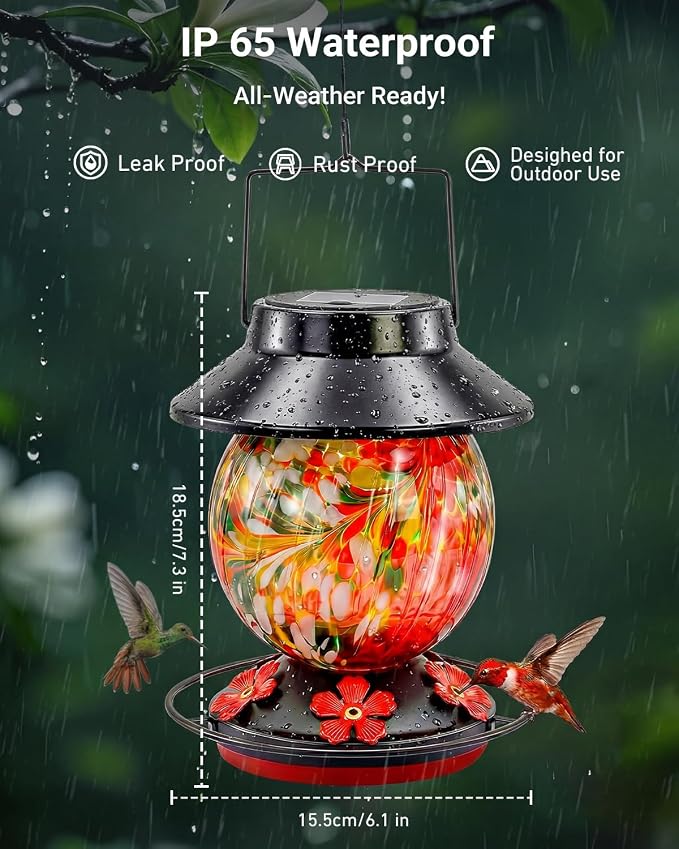 Solar Hummingbird Feeder for Outdoors 24oz Solar Powered Hummingbird Feeder Hand Blown Glass 7 Color Changing for Outdoors Garden Hanging Water-Proof Leak Proof Wild Bird Feeders Gifts for Women Mom