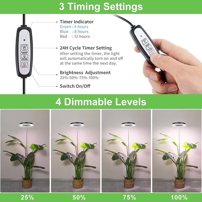 LBW Plant Grow Light, 72 LEDs Full Spectrum Grow Lights for Indoor Plants, Plant Lamp with 4 Dimmable Levels, 4/8/12H Timer, 10.4”-59”Height Adjustable, Halo Plant Lamp for Tall Plants, Black, 2 Pack