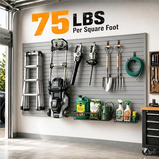SMARTSTANDARD Slatwall Panel 4x8 FT, Garden Wall Organizer with 31 Garden Tool Hooks & Baskets,Heavy Duty PVC Slat Wall Panels for Gardening, Easy to Install & DIY Cutting (Gray)