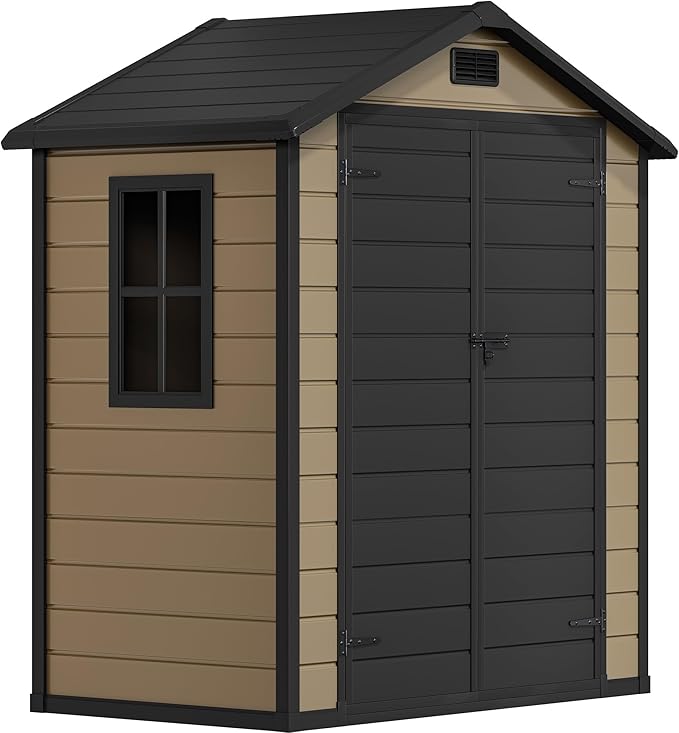 DWVO 6x4 FT Outdoor Resin Storage Shed with Reinforced Floor, All-Weather Bike Storage Shed with Lockable Door, Window and Vent, Waterproof Plastic Tool Storage for Garden, Backyard, Patio, Lawn