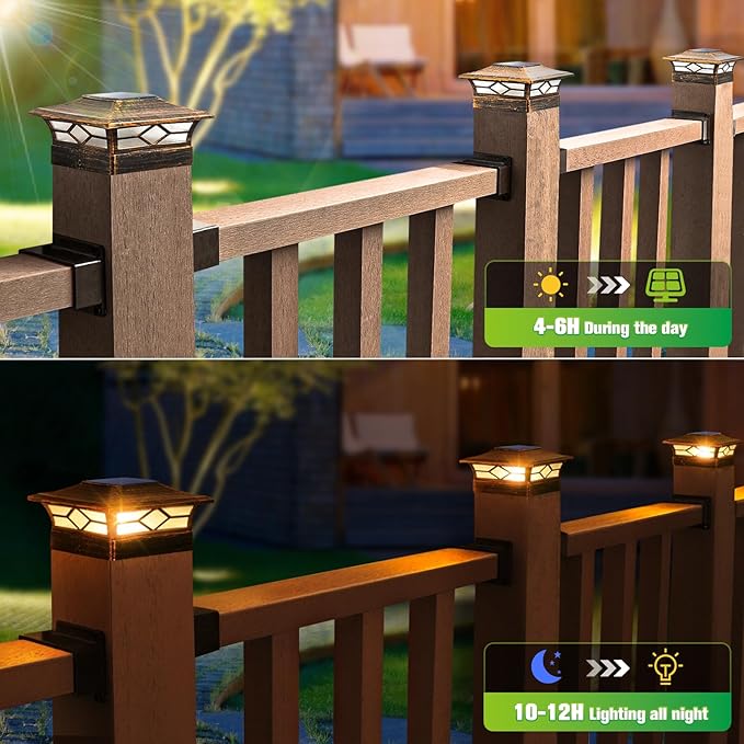 Solar Post Cap Lights Outdoor 6pack, Waterproof Solar Powered Deck Fence Post Lights for 4x4 Wood/Vinyl Posts, Solar Outdoor LED Light with Cool/Warm Lighting Decorate Garden Patio Porch…