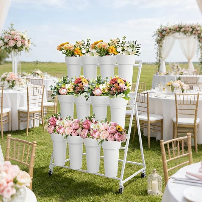 GarveeLife 3-Tier Metal Flower Display Stand with 12 Removable Round Buckets and Wheels, Mobile Flower Cart for Indoor Outdoor Patio Garden Wedding Flower Shop，White