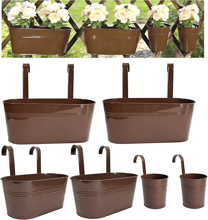 Set of 6 Balcony Hanging Planters, 2 Pcs 17" Metal Railing Flower Pots & 2 Pcs 12" Deck Planter & 2 Pcs 4" Fence Pot for Outdoor Patio Garden Décor, Chocolate