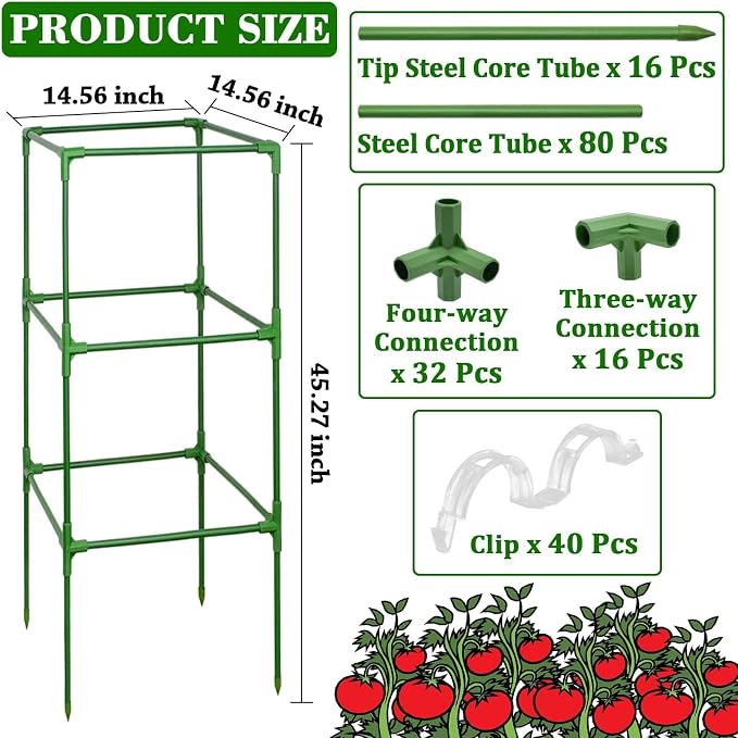 ZeeDix 45 Inch Tomato Cages 4 Pack, Heavy Duty Adjustable Metal Garden Plant Supports for Climbing Vegetables - Square Cage for Tomatoes, Cucumbers, Peas, Flowers with 40 Plant Clips