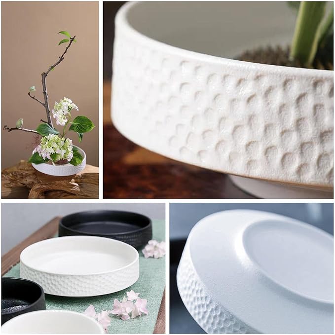 Japanese Ikebana Kit Floral Frog Japanese Flower Arranging Supplies Flower Container with Needle Straightening Tool & Kenzan - 2.4inch Flower Frog, Bowl Vase (White Hammering Pattern)