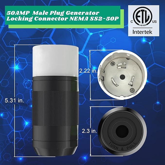 Sintron Generator Male Connector 50 Amp NEMA SS2-50P, USA/Canada Marine 4-Pin Straight Blade Plug, 3 Pole 4 Wire Grounding 125V/250V, ETL Listed, Twist Locking Plug 50A CS6365 12500 Watts