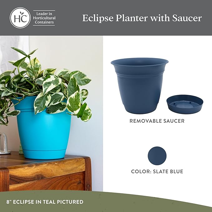 The HC Companies Eclipse Round Planter with Saucer - Outdoor & Indoor Plant Pot with Drainage Holes - Lightweight, UV-Resistant Plastic Pots for Plants, Flowers & Herbs (12" Slate Blue, Pack of 1)