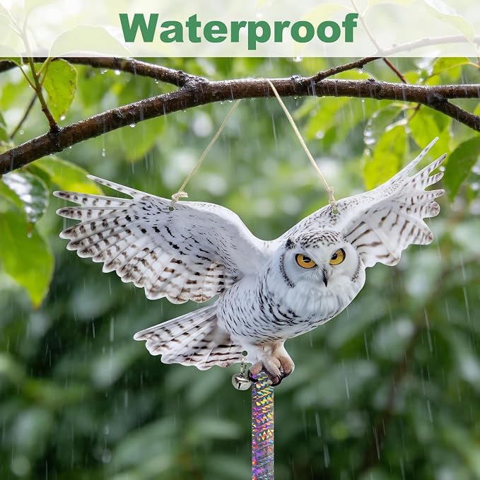 Hanging Owl Device for Outdoor Garden, 3 PCS Flat Reflective Owl with Tape and Bell to Keep Woodpecker Pigeon Away from Patio Yard Balcony Window, Weatherproof Animal Scare Decor