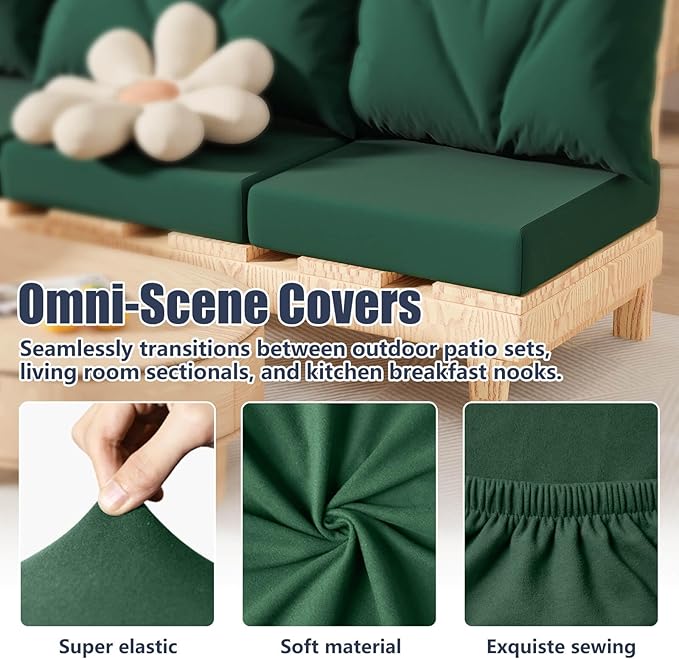 8Pcs Patio Stretch Cushion Covers, Outdoor Couch & Sofa Replacement Slipcovers for Patio Furniture Cushion Covers, Washable Reusable Furniture Protector, Square Large, Dark Green