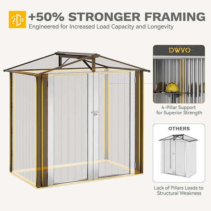 DWVO 6x4ft Small Tool Storage Shed, Lockable Doors, and Sloped Roof, Oversized Steel Outdoor Storage Shed for Garden, Patio, Garage, Backyard, Lawn - Brown