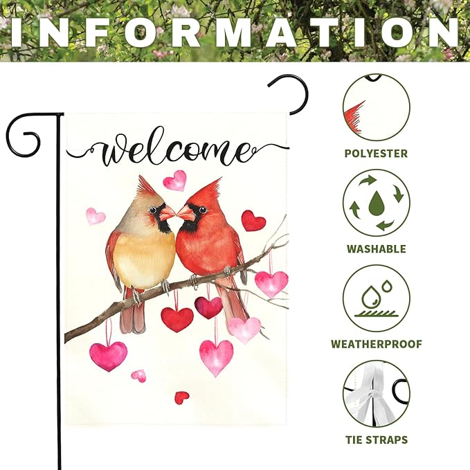 Welcome Valentine's Day Garden Flag Cardinal Love Heart Vertical Polyester Double Sided Yard Flags Holiday Anniversary Wedding Red Birds House Banner Farmhouse Valentines Day Decor 12x18 Inch