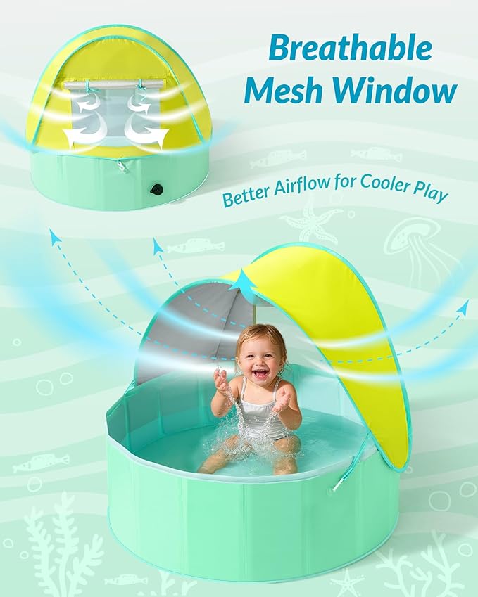 Hikiddy Foldable Kiddie Pool with Canopy: 31.5in/ 47in /63in for Baby Toddler Kids Family - Summer Water Play Pool with Shade - Portable for Outdoor Backyard Beach (Lemon & Mint, 31.5in)