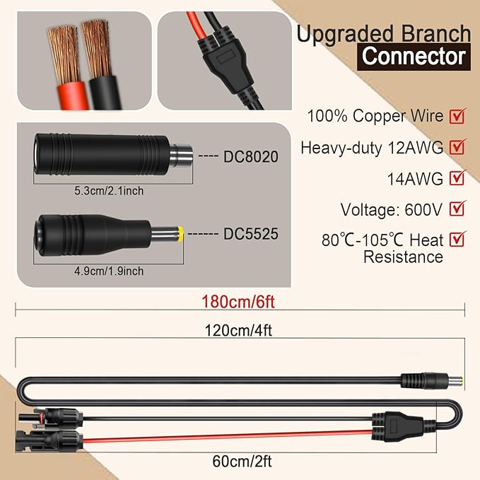 COMeap 6FT Solar Connector to DC 8mm Adapter Cable for Jackery Explorer 3000 2000 1500 1000 880 550 500 300 290 240 160 GZ Yeti BLUETTI Portable Power Station, Solar Generator, Solar Panel