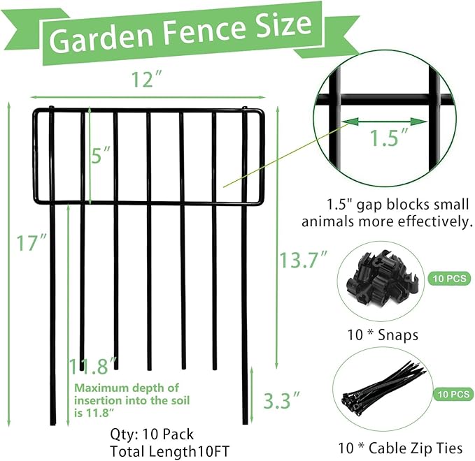 Thrivinest 10 Pack Animal Barrier Fence, No Dig Decorative Fence, 17in(H) x10ft(L) Rustproof Metal Small Garden Fence Border for Dogs Rabbits, Bottom Blocker for Outdoor Yard Patio