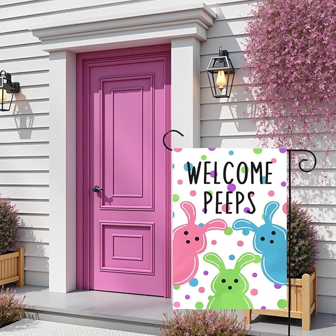 Welcome Peeps Garden Flag Easter Bunny Design Double Sided Outdoor Yard Flags Colorful Spring Porch Patio Lawn Farmhouse House Banners for Easter Egg Hunt Party Seasonal Home Décor 12x18 Inch