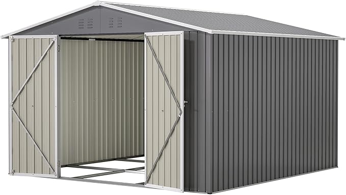 YOPTO 10×10 FT Outdoor Storage Shed,Metal Aluminum Waterproof Tool Sheds with Foundation,Doors & Vents,Heavy-Duty Sheds Unit W/Lock & Key,for Storing Bicycles,Lawnmowers,Barbeques,Gray