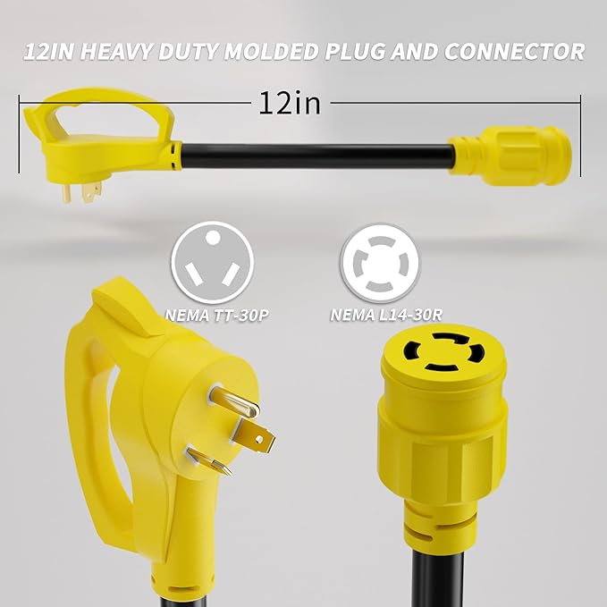 PlugSaf 3 Prong 30 Amp RV Generator Adapter Cord, NEMA TT-30 Male Plug to NEMA L14-30 Twist Lock Female Plug, 12 Inch(1 FT) 10 Gauge STW Power Cord, Max 30 Amp 125V/250V, Yellow, ETL Listed