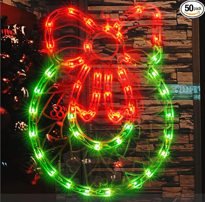Christmas Window Silhouette Lights, Lighted Wreath Double Sided Decorations with 50 Count Incandescent Mini Light, for Holiday Indoor Wall Door Glass Decor
